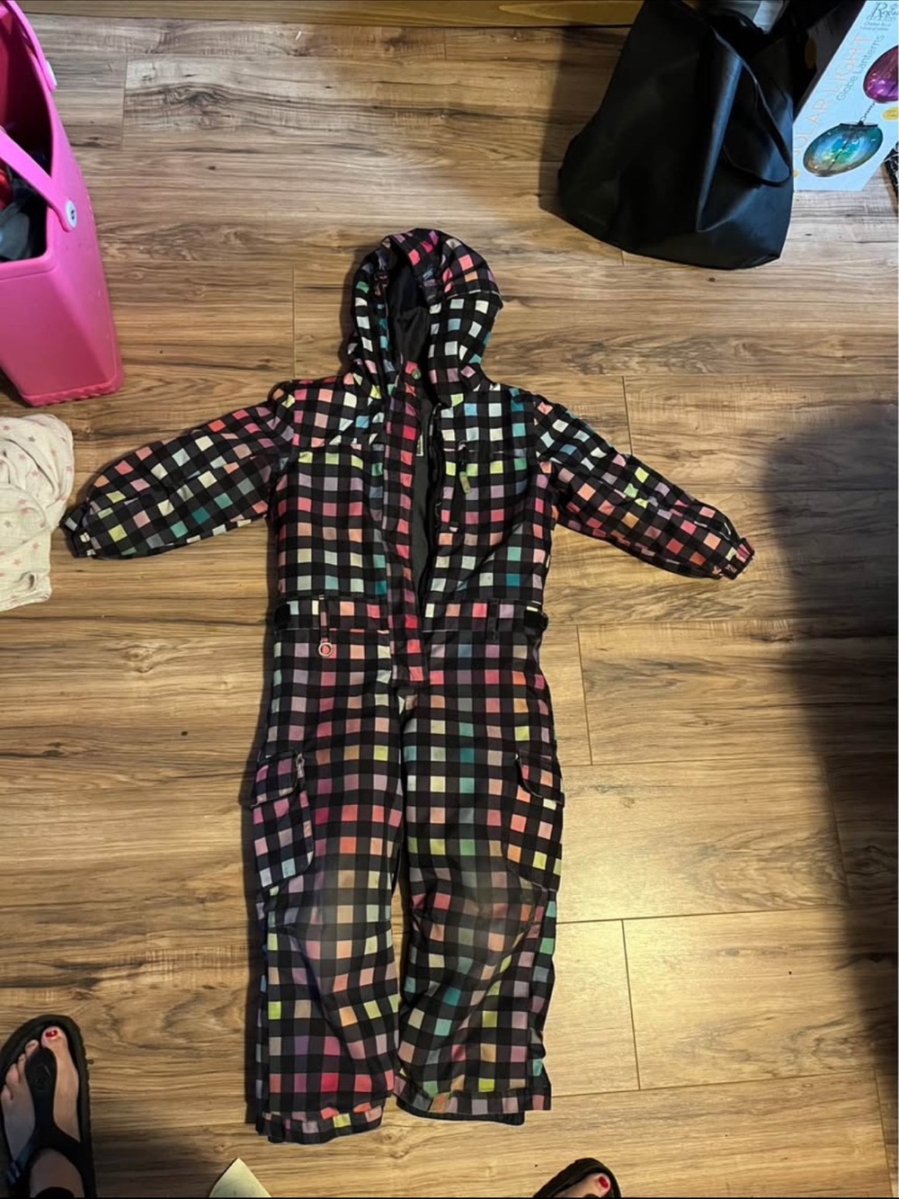 Roxy Kids Check Print Snow Jacket in Black with Pastel Accents